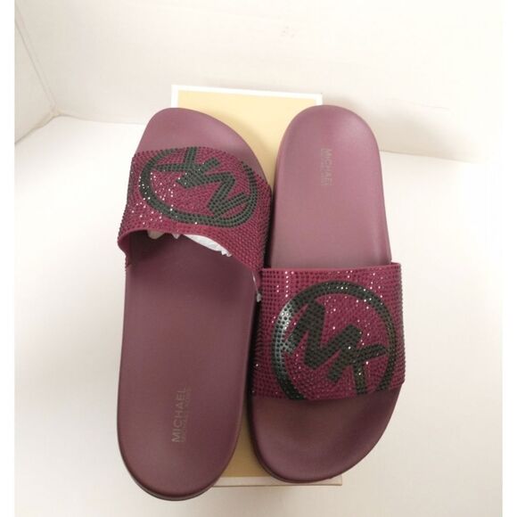 New! MICHAEL KORS Studded MK Logo Gilmore Slide Sandals Shoes Dark Berry - Picture 8 of 9